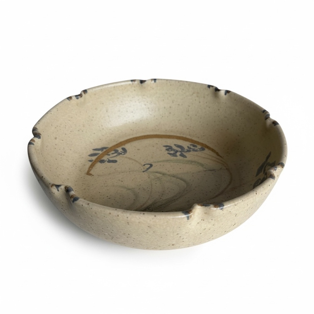 Studio Pottery Scalloped Bowl Hand Painted Floral Stoneware